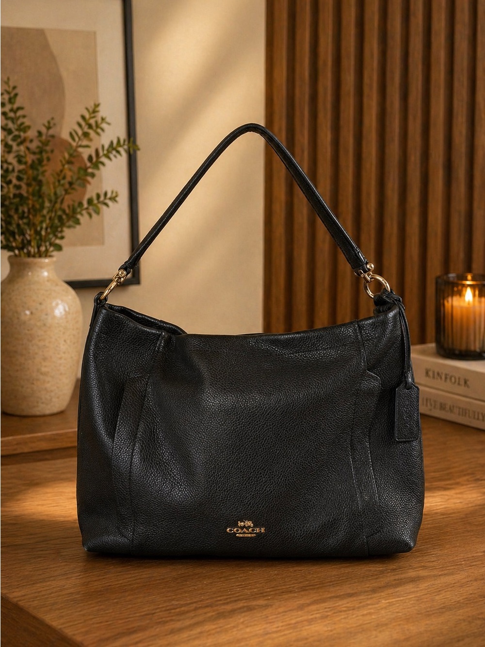 Coach Scout Hobo Black Pebbled Leather Shoulder Bag with Gold Hardware